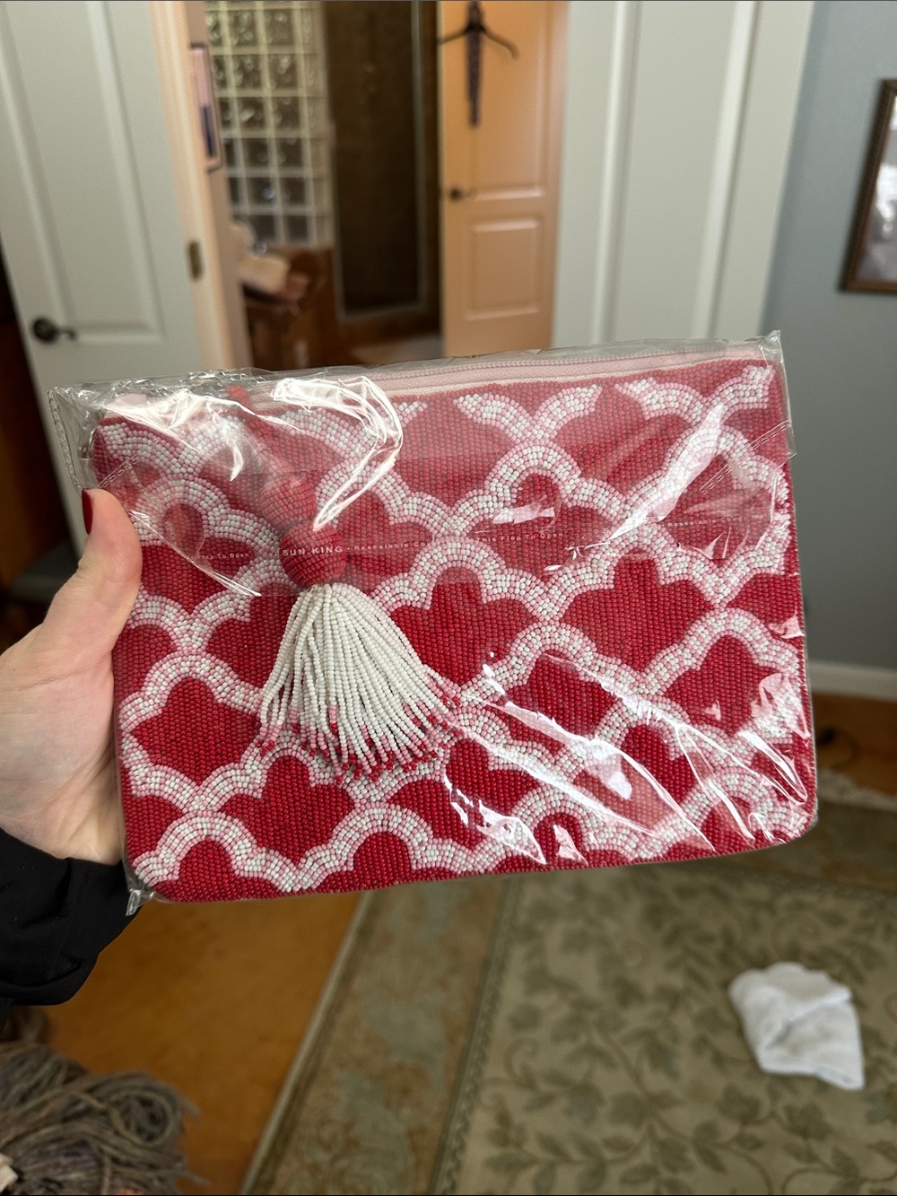 Roller Rabbit Red and White Beaded Tassel Crossbody Clutch